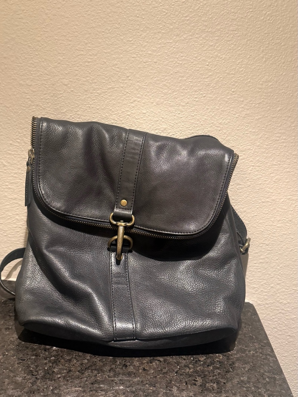 Fat Face Black Pebbled Leather Flap Backpack Bag with Antique Hardware